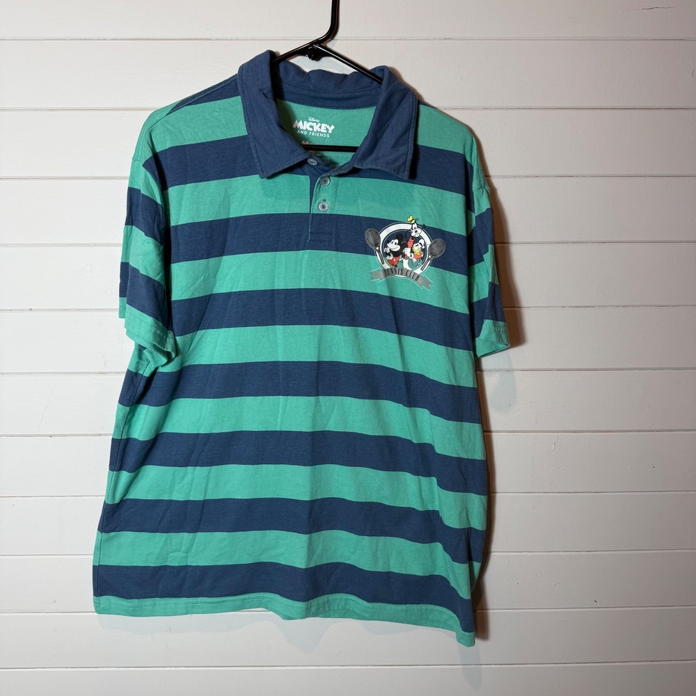 Disney Mickey and Friends Mens XL‎ Striped Tennis Club Polo Shirt Green Blue Y2K